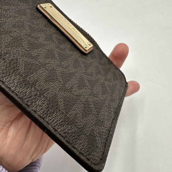 Michael Kors Wristlet Card Case Coin Purse Brown Logo Zip Small Wallet No Strap - Picture 8 of 8